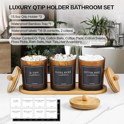 3 Pack Qtip Holder Bathroom Set with Tray,13.5oz Cotton Round Ball Pad Holder Cotton Swab Floss Pick Dispenser,Glass Apothecary Jars Canisters with Lids,Bathroom Organizers and Storage Container-Amber
