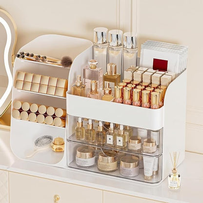Booklov Makeup Organizer for Vanity, Countertop Cosmetic Display Case with Clear Acrylic Drawers, Bathroom Counter Beauty Caddy, Cute Table Storage Holder for Skincare, Brush Lipsticks, Crystal White