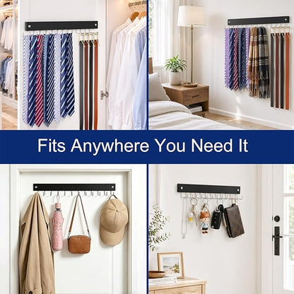 2 Pack Belt Hanger Wall Mount, Large Capacity Tie and Belt Organizer for Wall with 24 180°Rotating Non Slip Hooks, Heavy-Duty Wooden Tie Rack Space Saving Closet Organizers and Storage, Black