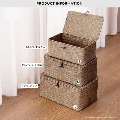 Nonam Seagrass Storage Baskets with Lid Set of 3,Wicker Basket Storage Bin for Shelves,Rectangular,Boho Decor,Handwoven Shelf Basket for Organizing-Storage Container Box for Home Organization-Coffee