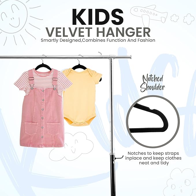 Utopia Home Kids Velvet Hangers 50 Pack – 11 Inch Non-Slip Baby Hangers for Baby and Toddlers, Durable Ultra-Slim Space-Saving Closet Organizers (Black)