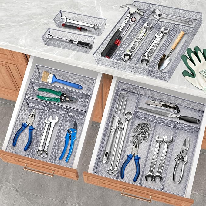 Neudeco Drawer Organizer Set 6 Pack - 5-Compartment Silverware Organizer Tray + 5 Utensil Trays, Kitchen Drawer Organizer for Flatware, Cutlery, Office Supplies, Silver Mesh, Non-Slip