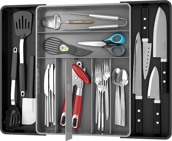 Simple Houseware Expandable Kitchen Drawer Flatware Organizer, Black/Gray