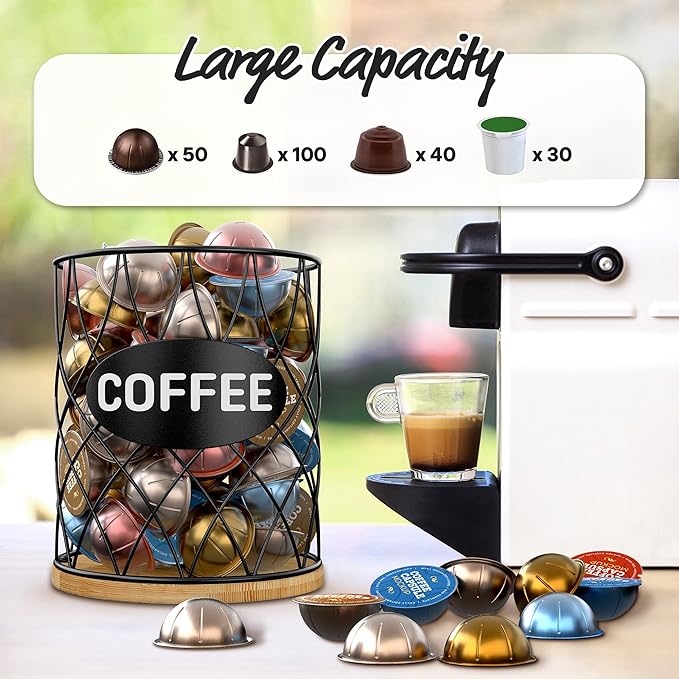 Coffee Pod Holder for K Cups – K Cup Organizer with Metal Wire and Bamboo Base, Large Capacity Coffee Pod Storage for Countertop, Coffee Bar or Kitchen, Pod Holder for K-Cup Style Capsule