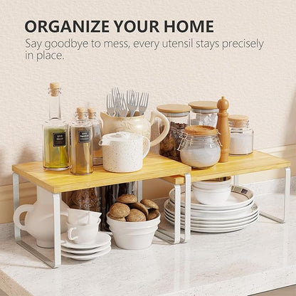 Simple Trending Bamboo Cabinet Organizer Shelf, Set of 4 Kitchen Counter Shelves, Stackable Expandable Spice Rack Pantry Cupboard Organizer, White and Natural