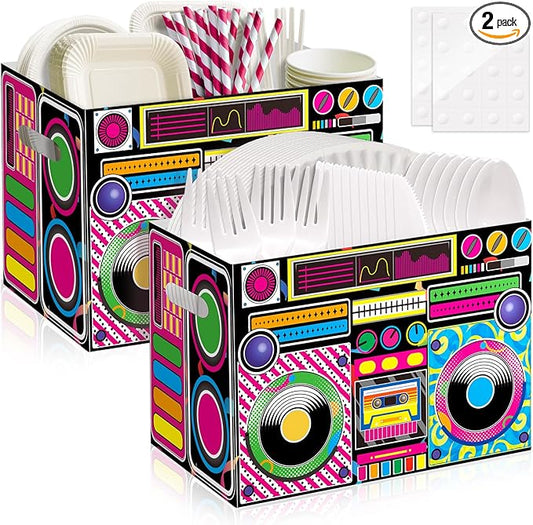 2PCS Boom Box Utensil Holder Retro Radio Utensil Caddy for 80s 90s Party Decorations Paper Cutlery Holder with Handles for Hip Hop Birthday Party Supplies Disposable 1980s 1990s Disco Cutlery Caddy
