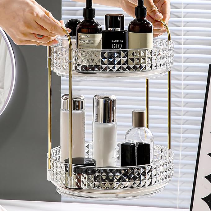 Fangoo 2 Tiers Clear Rotating Makeup Organizer for Vanity, 360 Spinning Skincare Organizers for Dresser Perfume Organizer Large Skincare Make up Storage Cosmetic Organizer for Bathroom Countertop