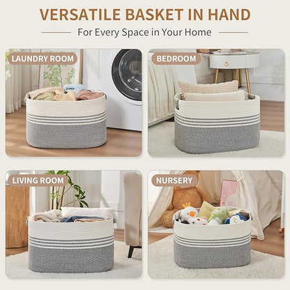 AINUOQI Laundry Basket with Handles - Blanket Basket & Hampers for Bedroom Aesthetic, Laundry Hamper & Blanket Storage for Living Room, Clothes Hamper, Tall, Large 21.7" x 16.9" x 11.8”, Grey