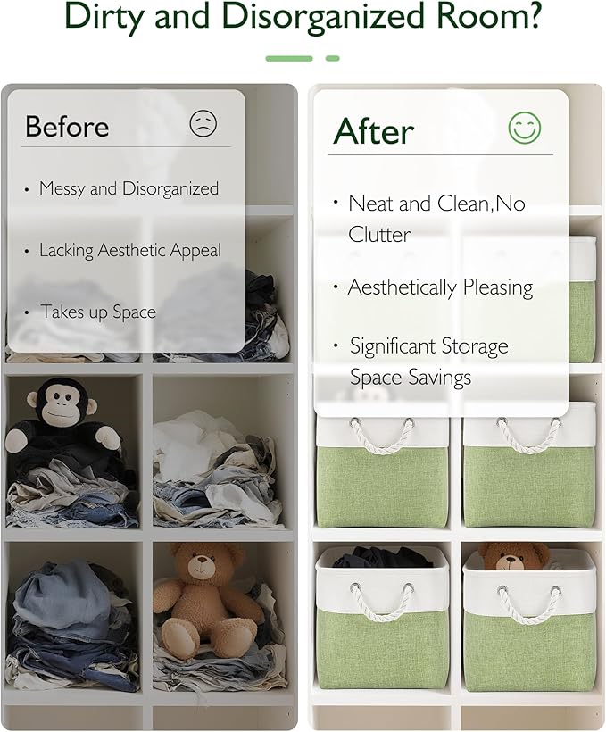 Patvingot 11 Inch Cube Storage Bins, 6 Pack Fabric Storage Cubes with Rope Handles, Organizer Baskets for Closet Shelves, Clothes and Home Organization(White/Green)