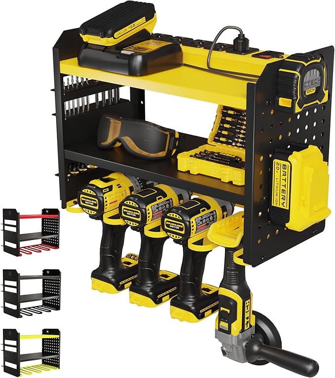 BUILTSTRONG Power Tool Organizer Wall Mount – 3-Tier Heavy-Duty Steel Rack, 4 Drill Slots, Pegboard + Utility Side, 100 lb Capacity – Garage, Workshop & Shed Storage (Yellow)