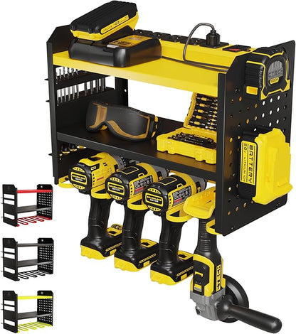 BUILTSTRONG Power Tool Organizer Wall Mount – 3-Tier Heavy-Duty Steel Rack, 4 Drill Slots, Pegboard + Utility Side, 100 lb Capacity – Garage, Workshop & Shed Storage (Yellow)