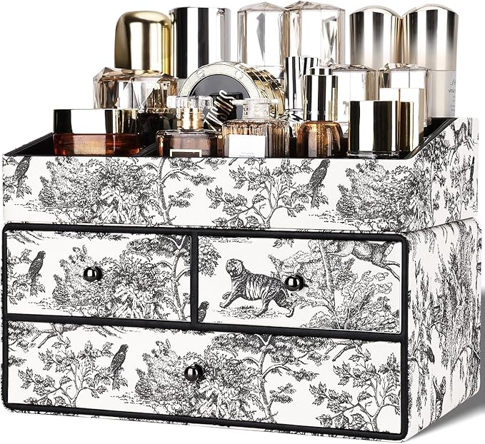 GORESE Leather Makeup Organizer with 3 Drawers for Vanity, Stackable Skincare Holder Dresser Organizer Countertop, Make Up Storage Organizers Counter Cosmetic Display Case Gift for Women(Retro Black)