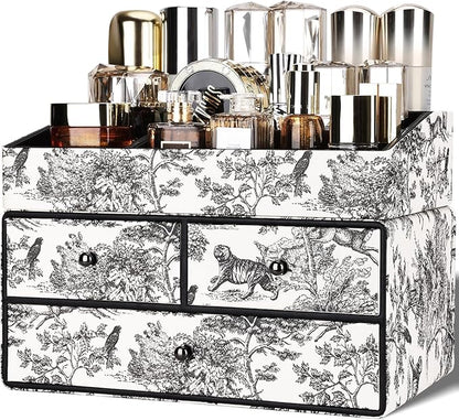 GORESE Leather Makeup Organizer with 3 Drawers for Vanity, Stackable Skincare Holder Dresser Organizer Countertop, Make Up Storage Organizers Counter Cosmetic Display Case Gift for Women(Retro Black)