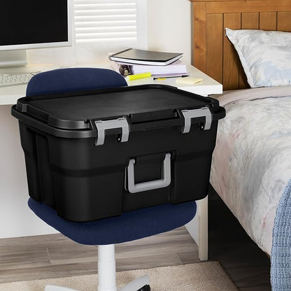 Sterilite 4 Pack Footlocker, 14 Gallon Plastic Storage Container with Latching Lid and Built-In Handles, Black - Large Stackable Bin Home Organizer
