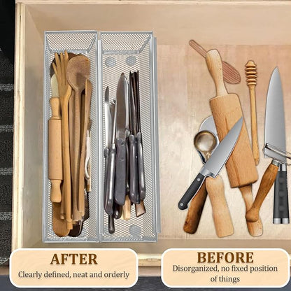 4PCS Drawer Organizer for Kitchen,Utensil Mesh Drawer Organizer with Interlocking Arm for Cosmetic,Flatware,Pen (12 * 3 * 2 Inches,Grey)