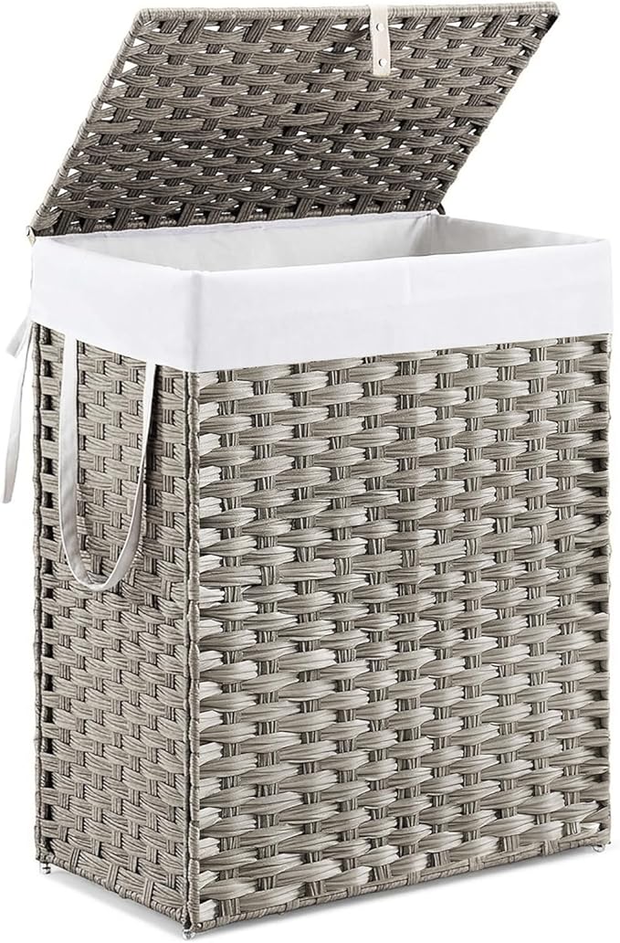 DUMOS Woven Laundry Basket with Lid, 90L Large Capacity Hamper, Removable & Machine-Washable Liner, Foldable Rattan Clothes Hamper, Sturdy Steel Frame, Odor Control, Dove Gray