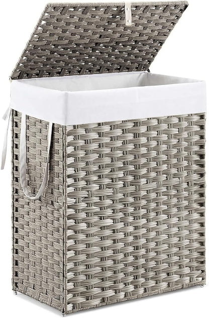 DUMOS Woven Laundry Basket with Lid, 90L Large Capacity Hamper, Removable & Machine-Washable Liner, Foldable Rattan Clothes Hamper, Sturdy Steel Frame, Odor Control, Dove Gray