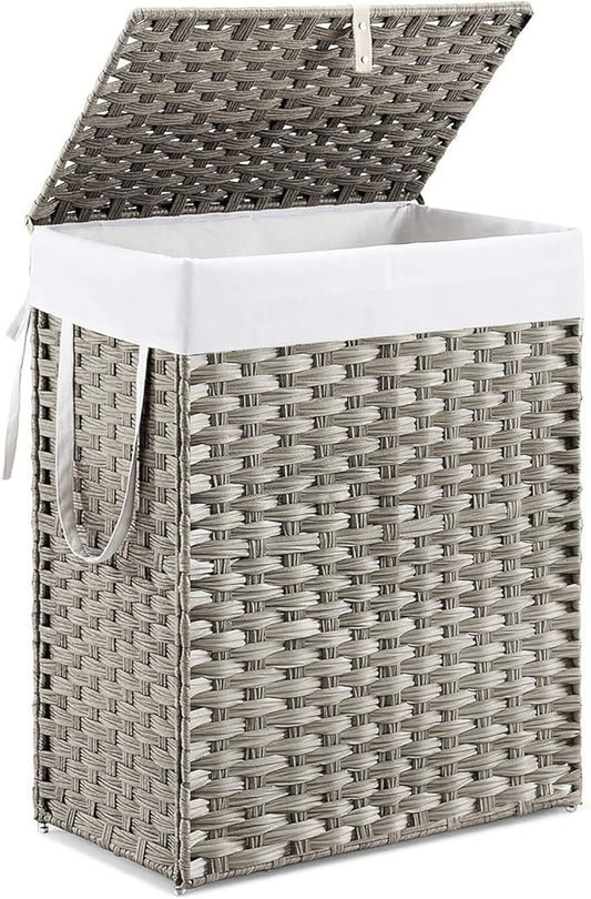 DUMOS Woven Laundry Basket with Lid, 90L Large Capacity Hamper, Removable & Machine-Washable Liner, Foldable Rattan Clothes Hamper, Sturdy Steel Frame, Odor Control, Dove Gray