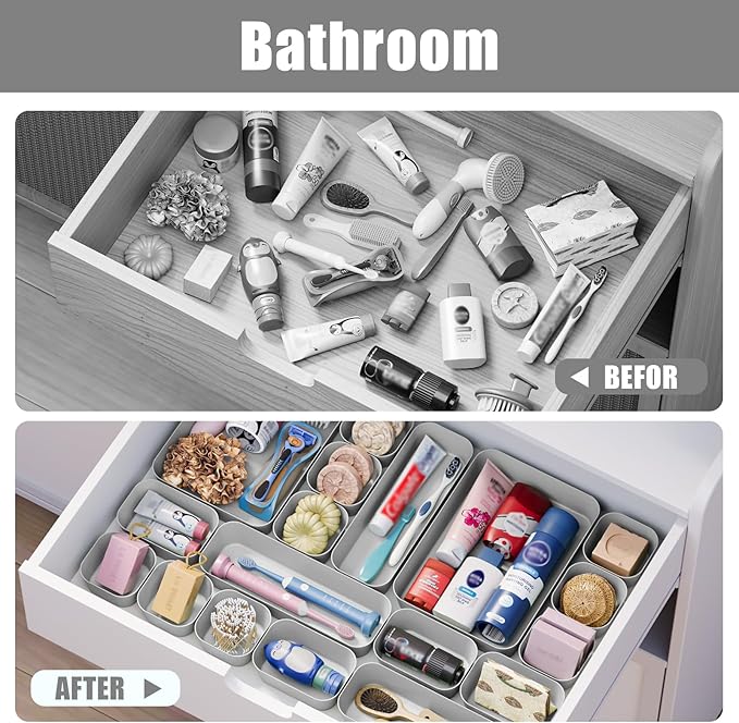 18 pcs Desk Drawer Organizer Tray, Multiple Sizes Plastic Drawer Organizer Storage, Stackable Organizer Containers For Makeup, Bedroom, Kitchen Gadgets Utensils and Office
