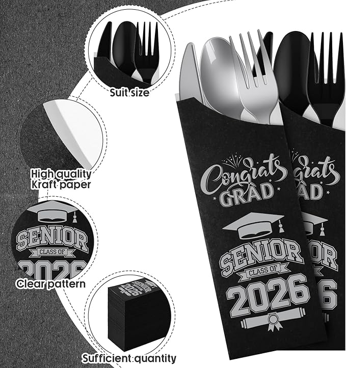 Funnymoom 400 Pcs 2026 Graduation Wrapped Silverware Bags Holder - Disposable Dinnerware Set Includes Plastic Spoons Knives and Forks, Class of 2026 Parties School Congrats Supplies(Black and Gray)