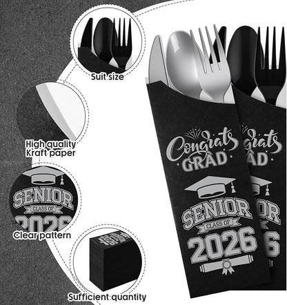 Funnymoom 400 Pcs 2026 Graduation Wrapped Silverware Bags Holder - Disposable Dinnerware Set Includes Plastic Spoons Knives and Forks, Class of 2026 Parties School Congrats Supplies(Black and Gray)