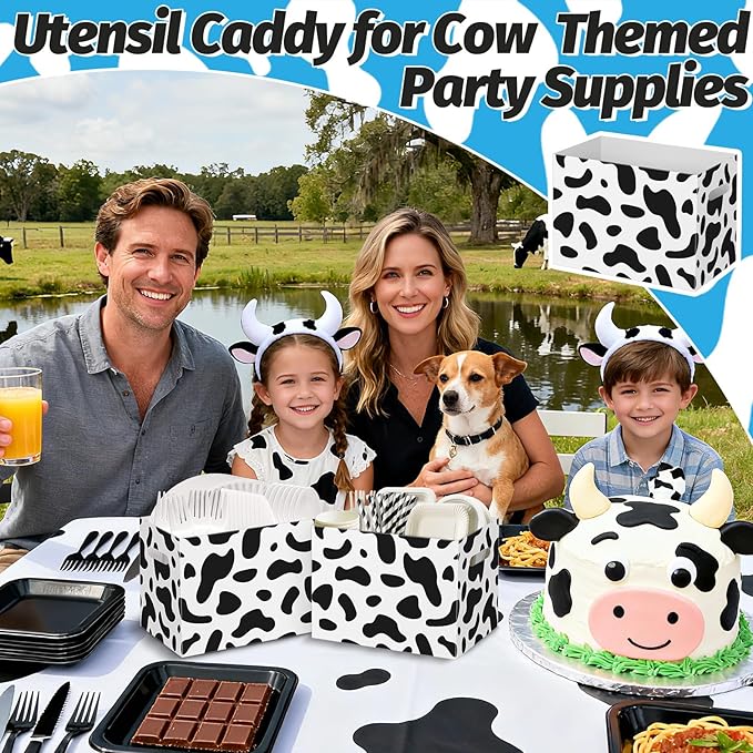 2PCS Cow Print Utensil Holder Paper Utensil Caddy for Cow Birthday Party Decorations Disposable Cutlery Holder with Handles Cutlery Caddy for Farm Animal Party Supplies Black and White Snack Box