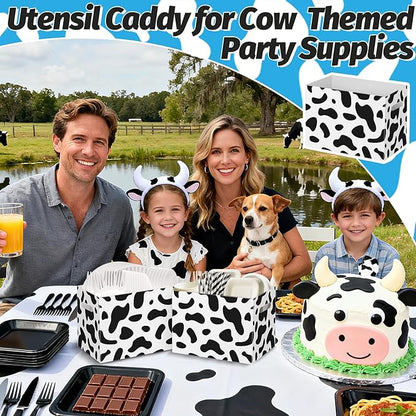 2PCS Cow Print Utensil Holder Paper Utensil Caddy for Cow Birthday Party Decorations Disposable Cutlery Holder with Handles Cutlery Caddy for Farm Animal Party Supplies Black and White Snack Box