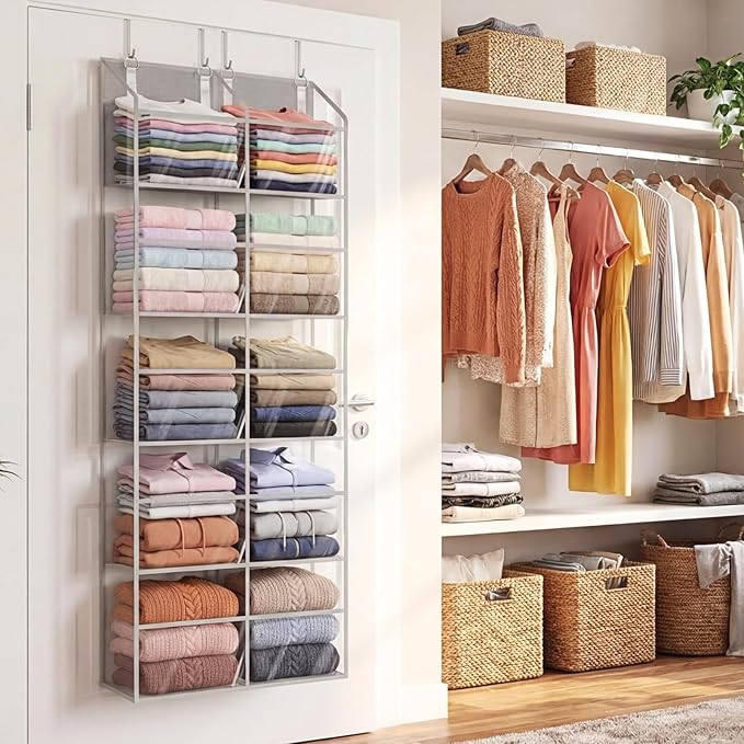 Over the Door Organizer 5 Tiers,Extra Large Behind Door Storage of 10 Compartments,50 lbs Weight Capacity Over the Door Storage, Clear Door Hanging Organizer for Closet, Diaper Organizer
