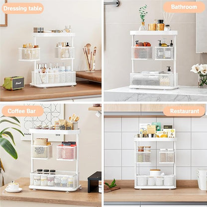 Bathroom Counter Organizer 3 Tier Rotating Cosmetic Holder Standing Shelf Vanity Bedroom Storage Cabinet Bathroom Tray for Countertop Storage Kitchen Spice Rack (White, 3Tiers)