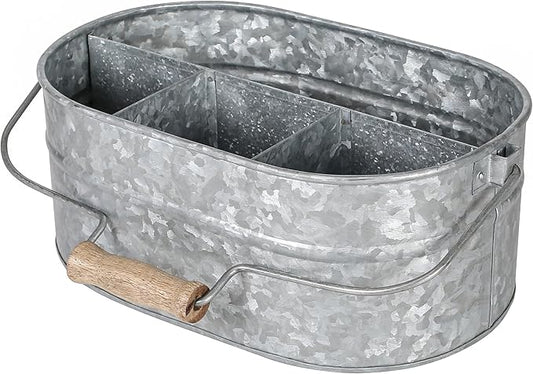 CLEENTABLE Galvanized Heavy Duty Utensil Holder for Countertop, 4-Compartment Large Cooking Utensil Crocks for Kitchen Counter, Farmhouse Utensil Vase for Housewarming, Kitchen Décor (Silver)