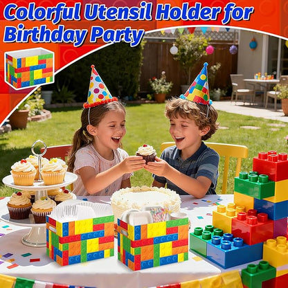 2PCS Building Block Utensil Holder Paper Utensil Caddy for Building Block Party Supplies Disposable Cutlery Holder with Handles Cutlery Caddy for Boys Birthday Party Decorations Colorful Snack Box