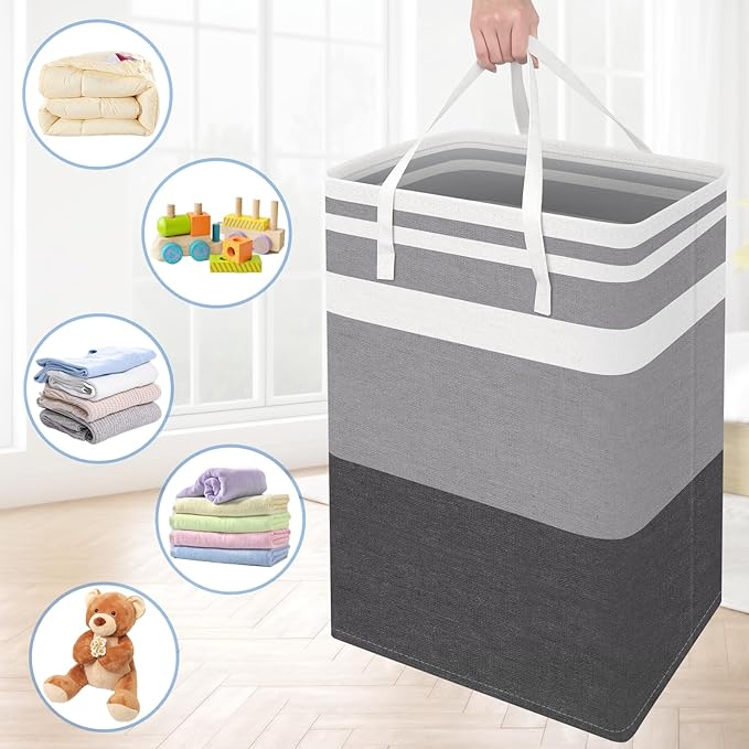 BlissTotes 3-Pack Laundry Basket, Freestanding＆Waterproof Laundry Hamper, Collapsible Tall Clothes Hamper with Easy Carry Handles for Clothes, Towels in the Family and Dorm,Gradient Grey,100L