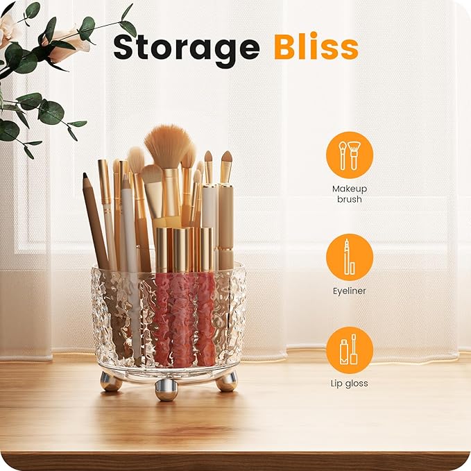 A-LuGei 【Crystal Design 𝟰.𝟳" Makeup Brush Holder Organizer, 𝟯𝟲𝟬° Rotating Makeup Organizer, 6 Slot Makeup Organizer Countertop, Vanity Organzier, Pen Holder for Desk Office Bathroom Desktop