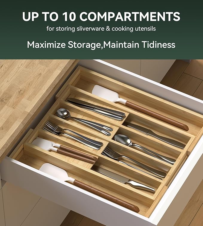 Expandable Silverware Organizer, Utensil Drawer Organizer & Cutlery Tray Dividers for Spoons Forks Knives (10 Slot,Natural Bamboo), 10.6”-16" Wx16.7”Dx1.97”H