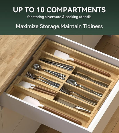 Expandable Silverware Organizer, Utensil Drawer Organizer & Cutlery Tray Dividers for Spoons Forks Knives (10 Slot,Natural Bamboo), 10.6”-16" Wx16.7”Dx1.97”H