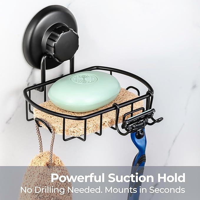 HASKO 2 Pack Suction Cup Soap Dish for Shower Wall, Rustproof Stainless Steel, Shower Soap Holder with Hooks, Includes Optional No Drill Adhesive Mount for Bathroom, 2 Soap Savers, Black