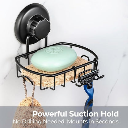 HASKO 2 Pack Suction Cup Soap Dish for Shower Wall, Rustproof Stainless Steel, Shower Soap Holder with Hooks, Includes Optional No Drill Adhesive Mount for Bathroom, 2 Soap Savers, Black