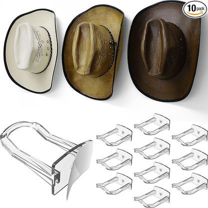 Modern JP Adhesive Cowboy Hat Hooks for Wall (10-Pack) – 3-Inch Wall Mount for Secure Hold, Wide Brim Hat Organizer, Western Room Decor – Clear