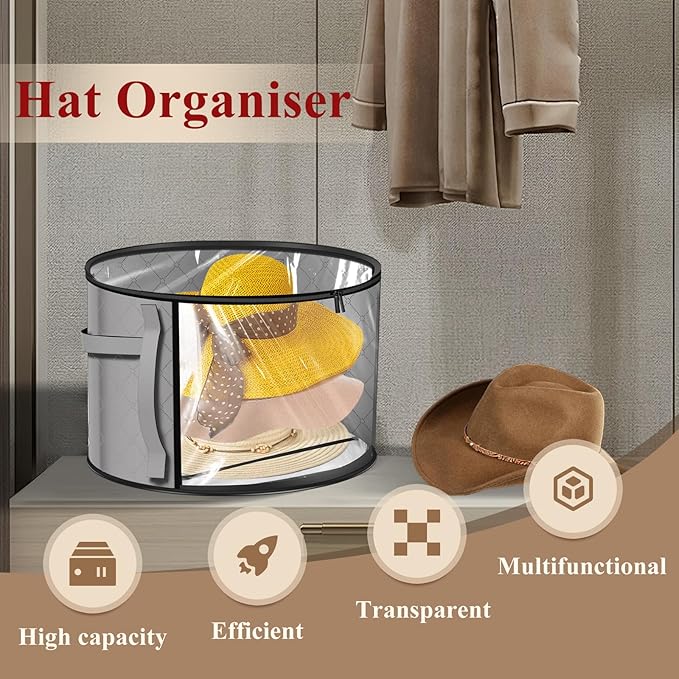 Oversized Clear Hat Storage Bag for Women, Closet Hat Boxes Organizer Bag with Dustproof Lids, Holds up to 7 Caps Cowboy Hat Organizer for Closet, Hat Carrier Case for Travel (Grey)