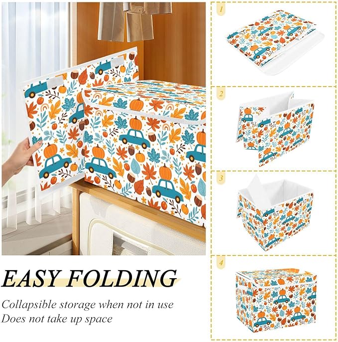 senya Thanksgiving Storage Baskets Collapsible Storage Bins with Lids, Thanksgiving Fall Maple Leaves Truck Pumpkins Storage Boxes Clothes Baskets for Organizing