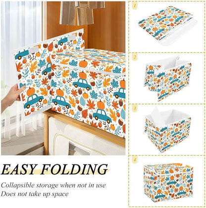 senya Thanksgiving Storage Baskets Collapsible Storage Bins with Lids, Thanksgiving Fall Maple Leaves Truck Pumpkins Storage Boxes Clothes Baskets for Organizing