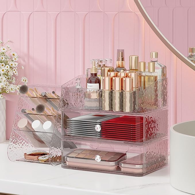 3 Tier Makeup Organizer for Vanity with Brush Holder Countertop Organizer with 2 Drawers Clear Makeup Storage for Brushes, Lipsticks, Face Mask Skin Care Storage Solution for Women & Teens