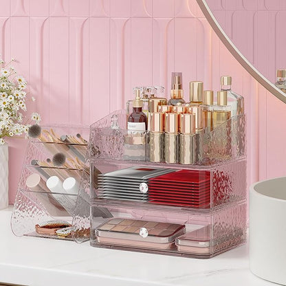3 Tier Makeup Organizer for Vanity with Brush Holder Countertop Organizer with 2 Drawers Clear Makeup Storage for Brushes, Lipsticks, Face Mask Skin Care Storage Solution for Women & Teens
