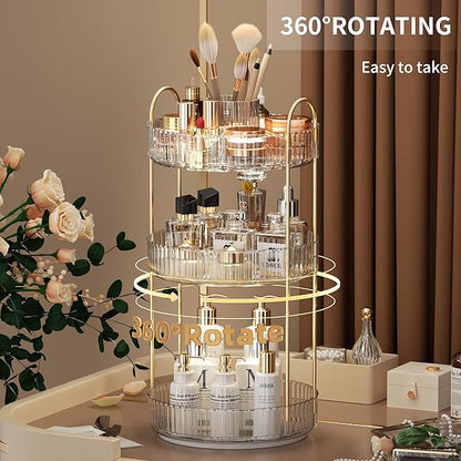 YCIA&DONE Rotating Makeup Organizer for Vanity, Large Capacity Make Up Storage Skin care Shelf Perfume Holders Cosmetic Dresser Organizer Countertop Spinning 360 (White Clear, 3Tiers)