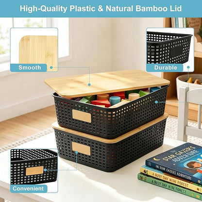 Bagnizer 4 Pack Plastic Storage Bins with Bamboo Lids, 6.2qt Stackable Storage Organizer Box with Lable for Pantry Shelves Drawers Desktop Office, 12"L x 8.3"W x 3.5"H, Black