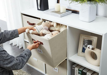 DECOMOMO Storage Baskets, 13x15x13 Storage Cube Bins with Labels for Organizing Shelves Kallax (Kallax / 4pcs, Beige)
