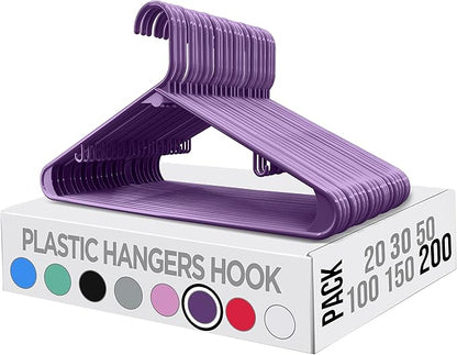 Utopia Home Plastic Hangers 200 Pack - Clothes Hanger with Hooks - Durable & Space Saving Coat Hanger - Heavy Duty Purple Hangers - Skirt Hangers