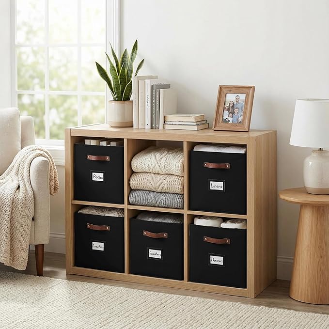 DECOMOMO Storage Bins, Cube Storage Bin with Labels, Fabric Storage Cubes for Shelves (10.5" x 11" / 6pcs, Black)