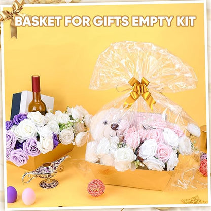 AFOROEOA 6PACK Gold Baskets for Gifts Empty, 12x10x4” Thick Cardboard Gift Basket Kit with 6 Bows & 6 Bags - Kraft Empty Gift Baskets for Christmas, Weddings, Birthdays, Holiday Gifting