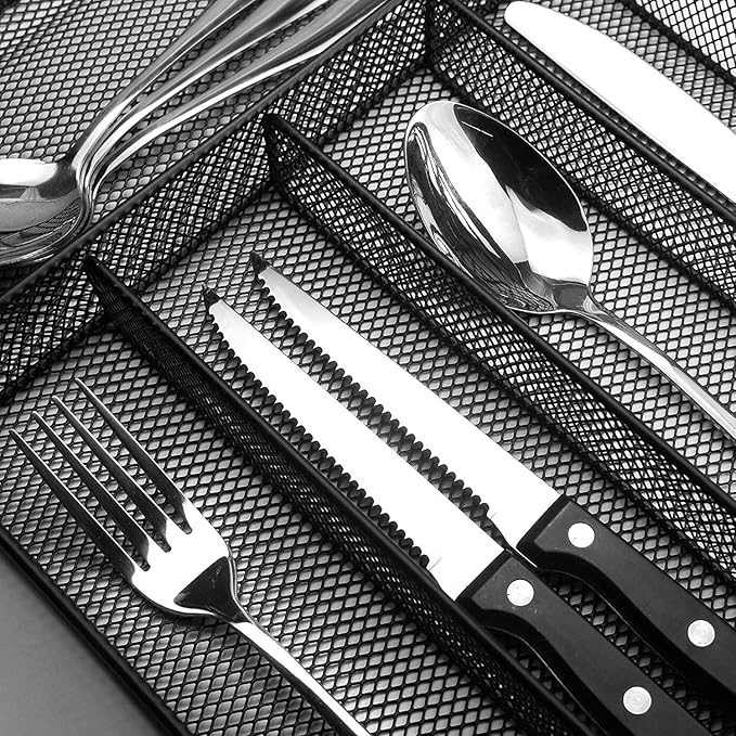 Sedegn Silverware Organizer Metal Mesh, Large Drawer Organizer, Utensil Cutlery Tray for kitchen drawers, Flatware Organizer with 6 Compartment, Black (11.3”*16“)